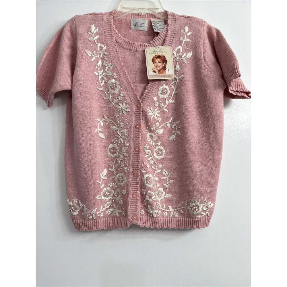 Vtg 90s Grandmacore Pink Sweater Embroidered‎ Floral Cottagecore XS Sz XS NWT